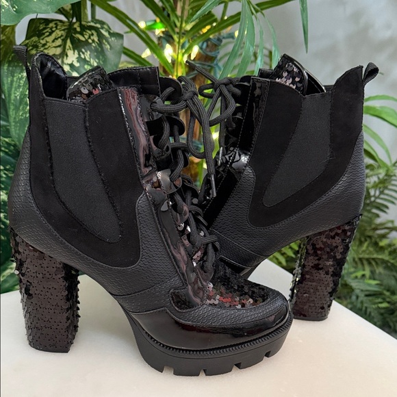 Cape Robbin Black Sequin Lace-Up Boots - Picture 2 of 8